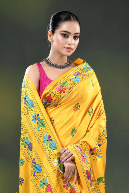 Hand embroidered yellow floral kantha work saree in soft silk 2