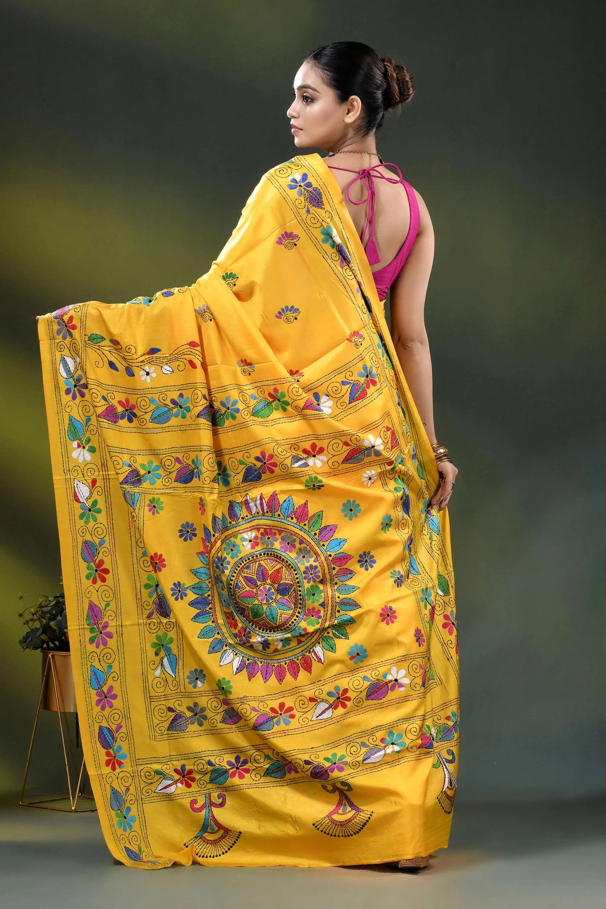 Hand embroidered yellow floral kantha work saree in soft silk 5