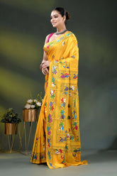 Hand embroidered yellow floral kantha work saree in soft silk 3