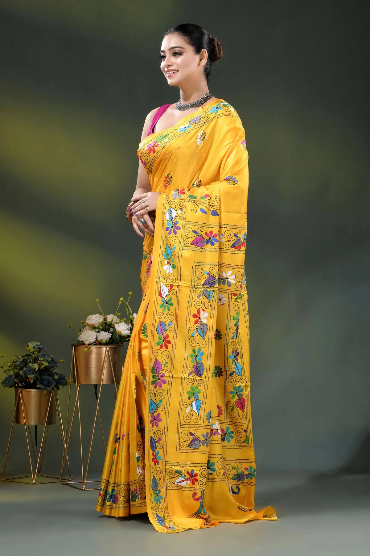 Hand embroidered yellow floral kantha work saree in soft silk 3