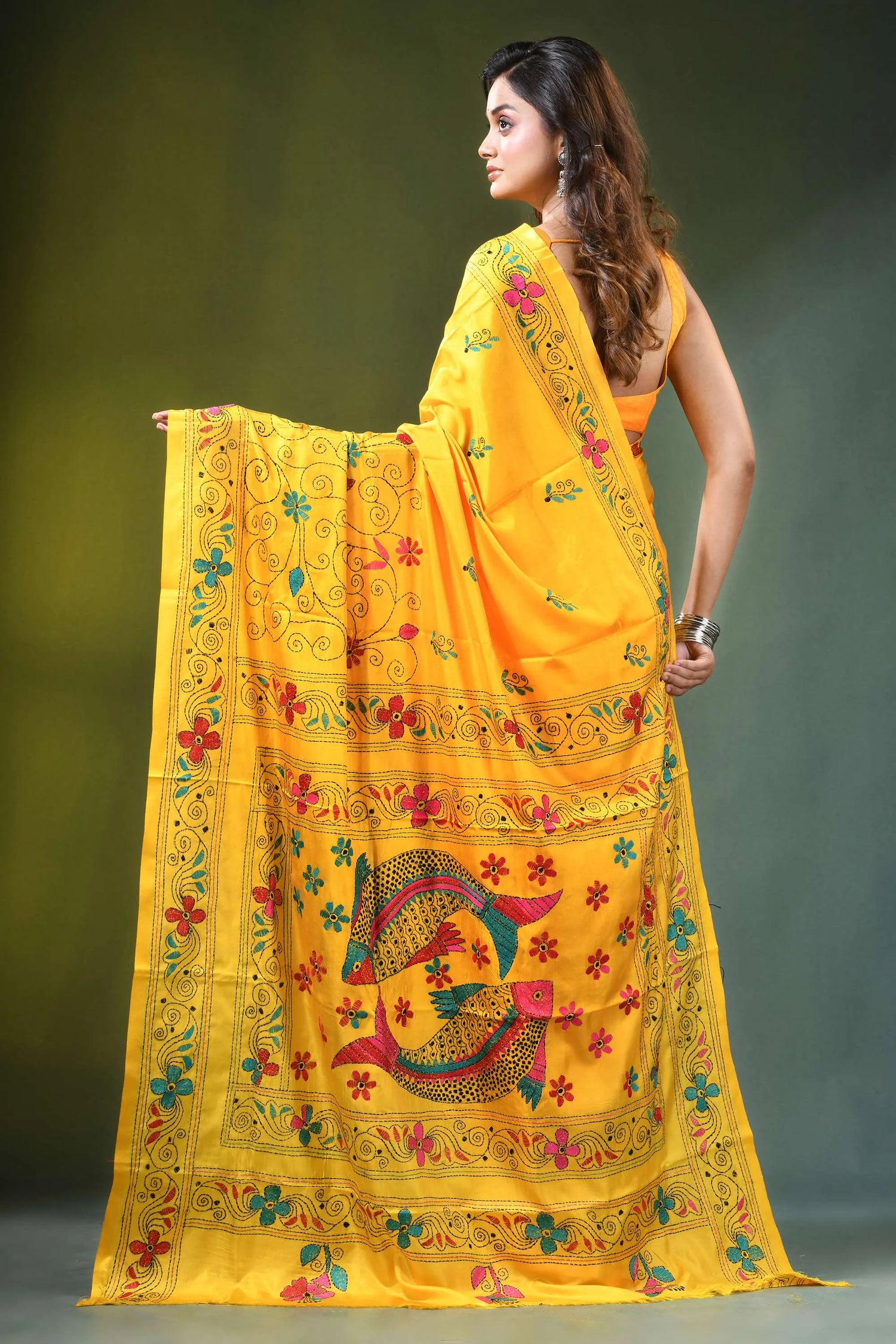 Hand embroidered yellow silk kantha stitch saree in unique fish design vibrant intricate floral 5