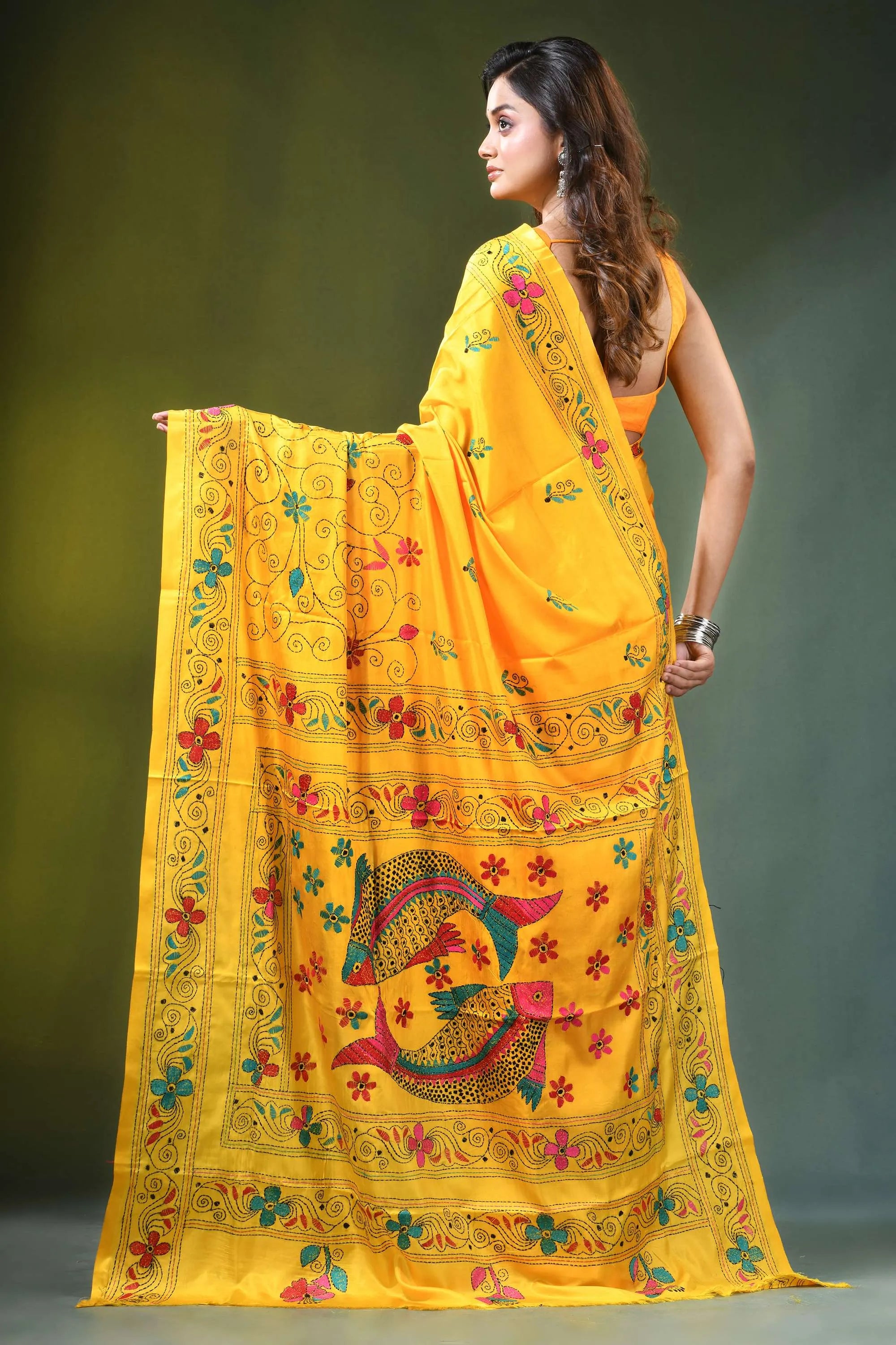 Hand embroidered yellow silk kantha stitch saree in unique fish design vibrant intricate floral 5