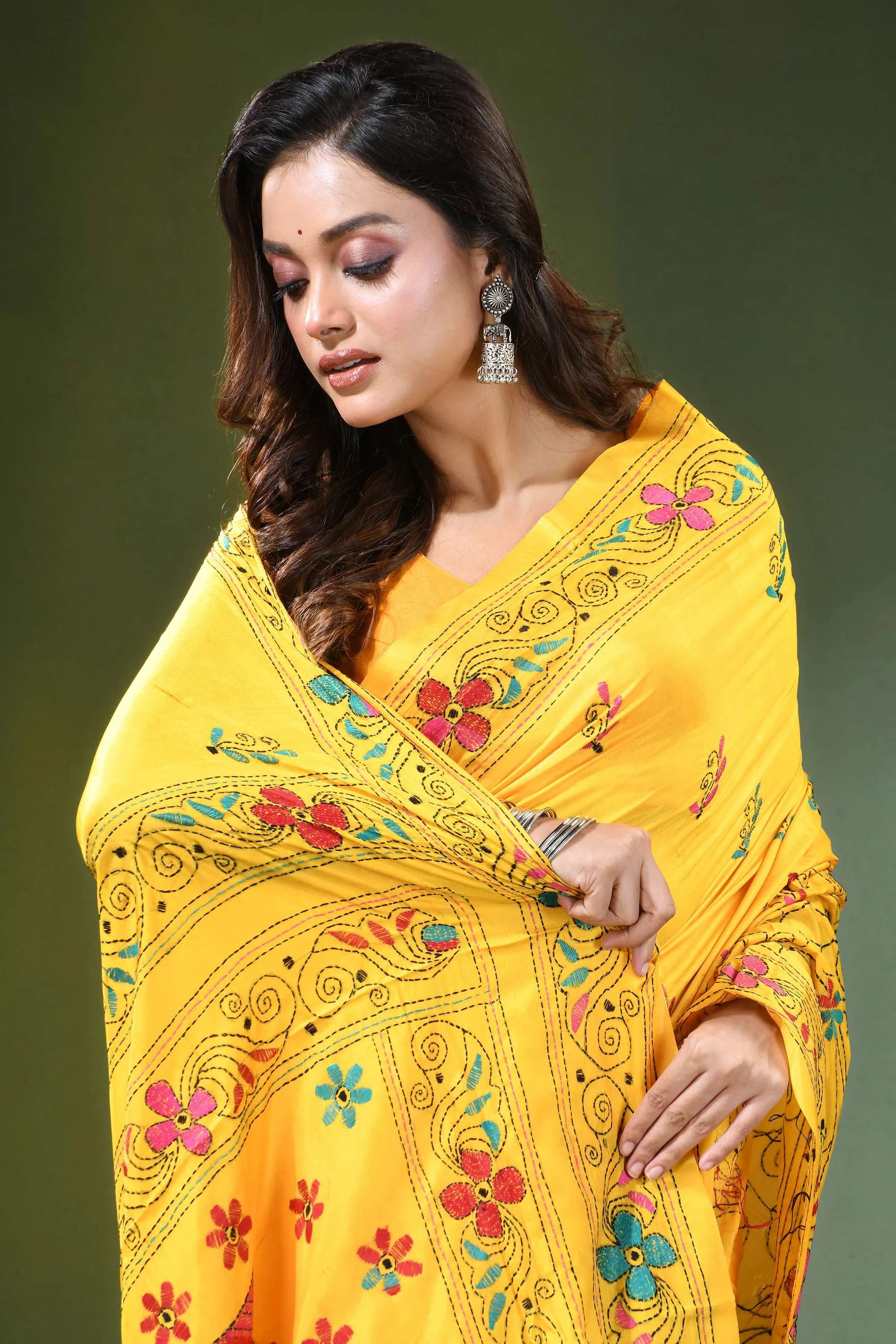 Hand embroidered yellow silk kantha stitch saree in unique fish design vibrant intricate floral 2