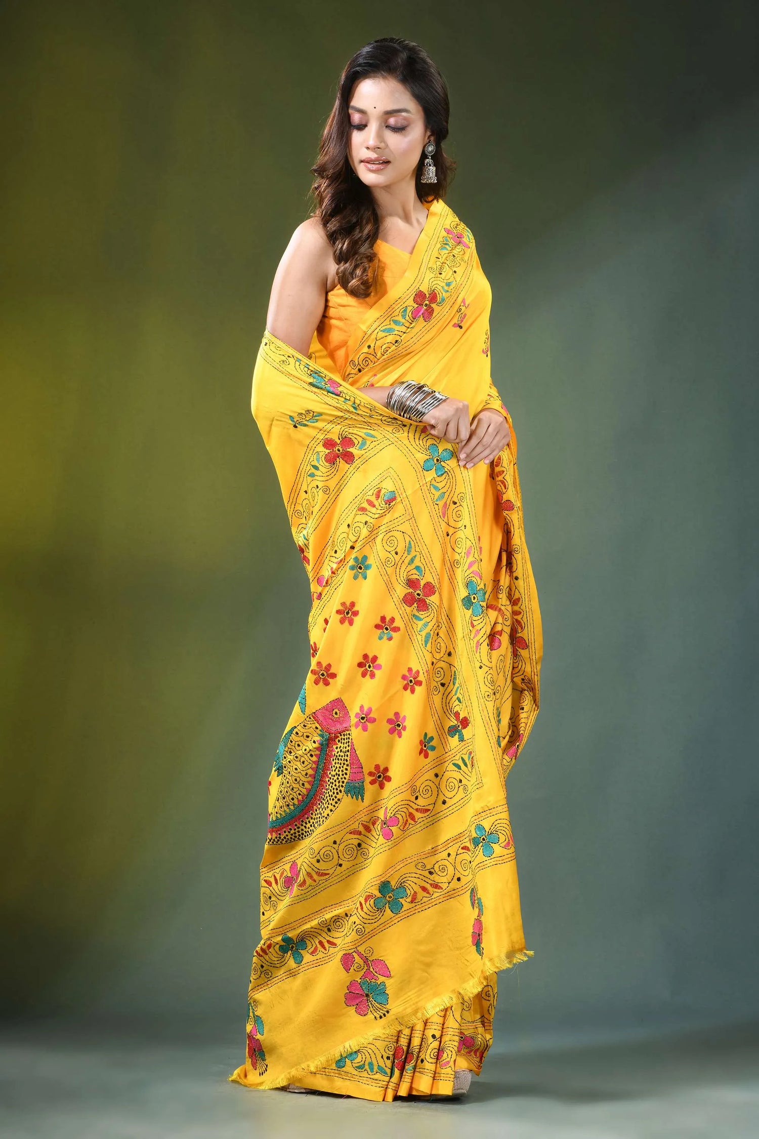 Hand embroidered yellow silk kantha stitch saree in unique fish design vibrant intricate floral 4