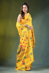Hand embroidered yellow silk kantha stitch saree in unique fish design vibrant intricate floral 4