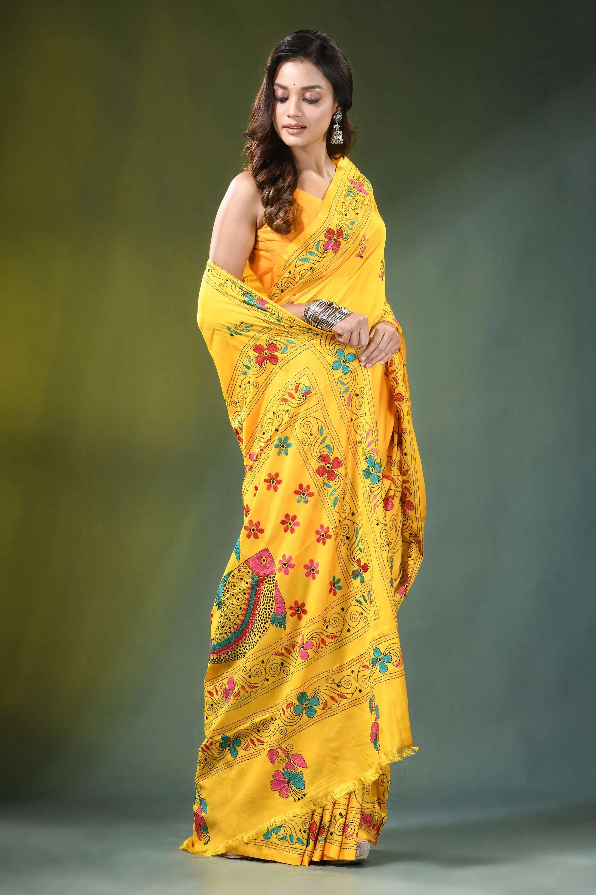 Hand embroidered yellow silk kantha stitch saree in unique fish design vibrant intricate floral 4