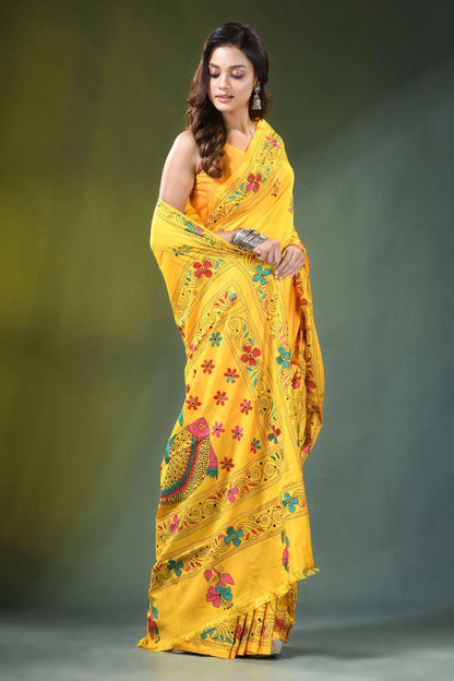 Hand embroidered yellow silk kantha stitch saree in unique fish design vibrant intricate floral 4