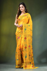 Hand embroidered yellow silk kantha stitch saree in unique fish design vibrant adorned intricate 1