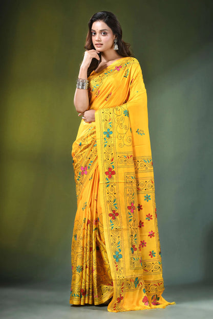 Hand embroidered yellow silk kantha stitch saree in unique fish design vibrant adorned intricate 6