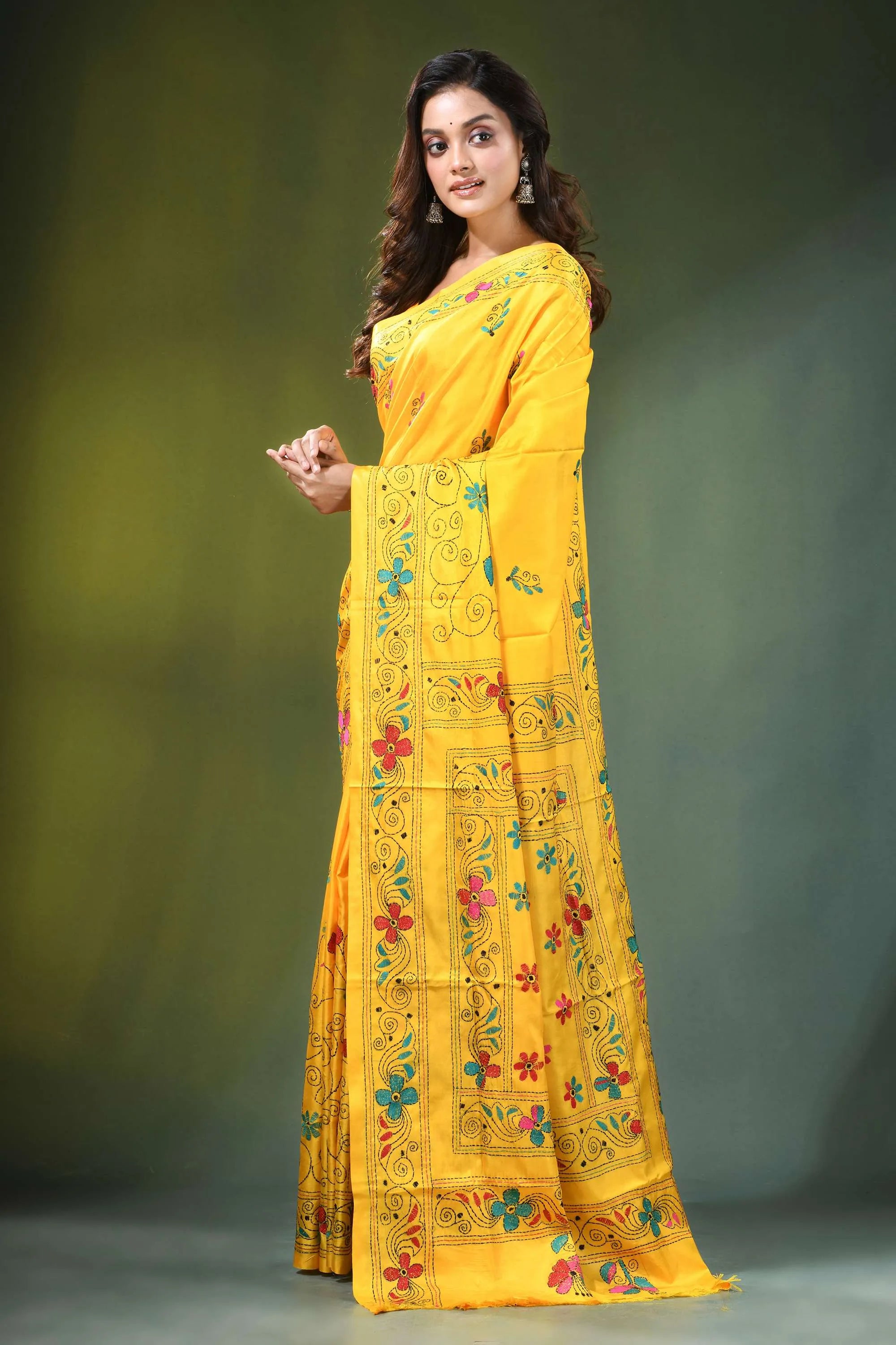Hand embroidered yellow silk kantha stitch saree in unique fish design vibrant intricate floral 3