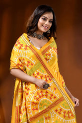 Hand embroidered yellow silk kutch embroidery saree with ethnic design 2