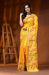 Hand embroidered yellow silk kutch embroidery saree with ethnic design 6