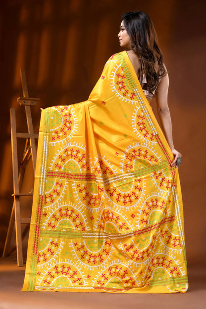 Hand embroidered yellow silk kutch embroidery saree with ethnic design 5