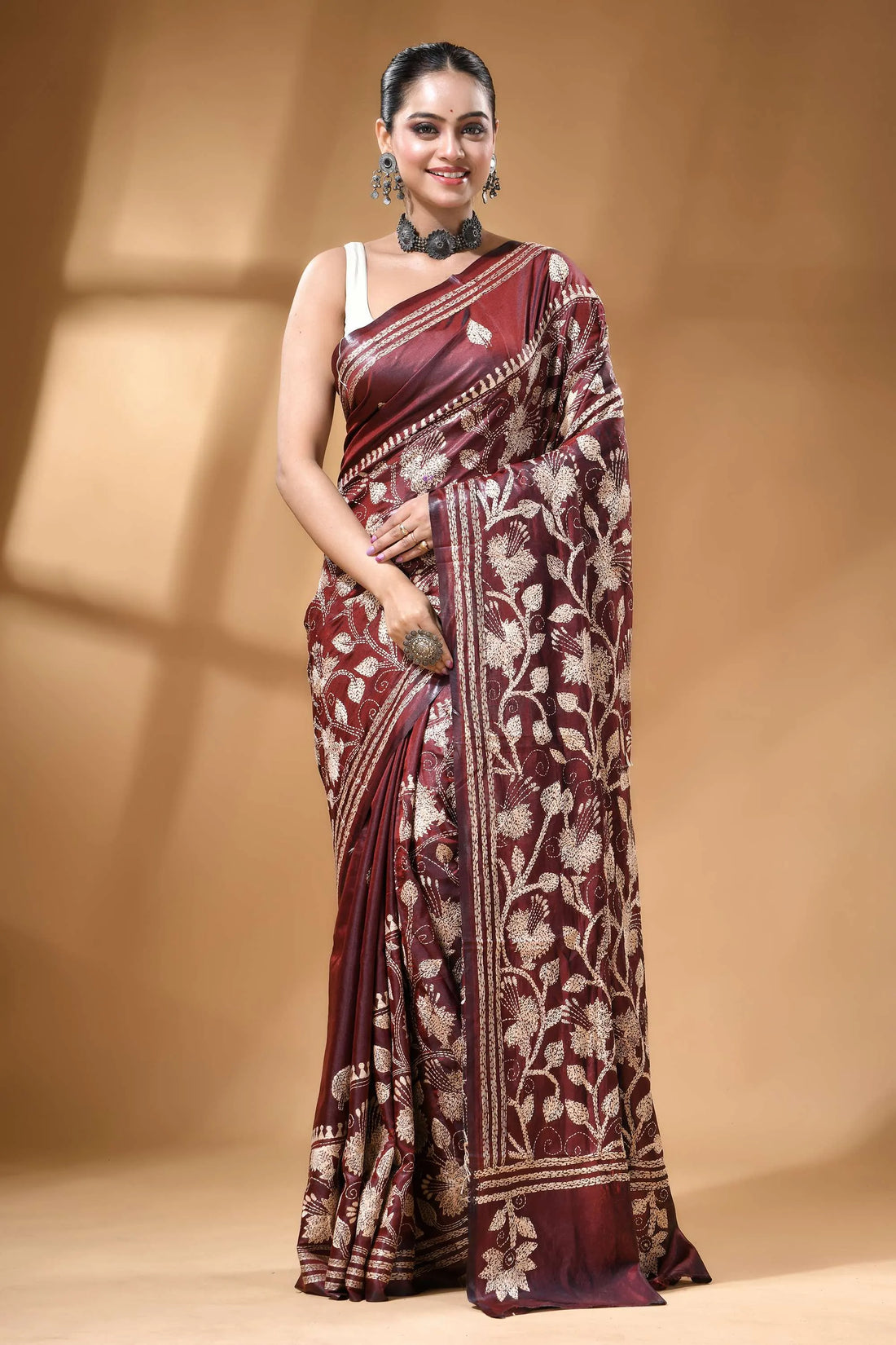 Hand embroidery hibiscus design silk kantha stitch saree in maroon maroon silk saree intricate white 1