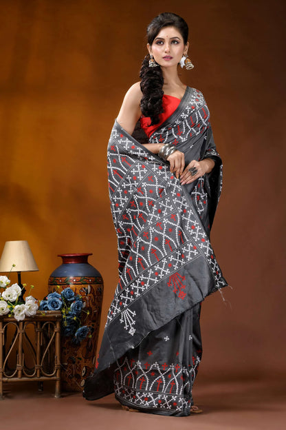 Hand embroidery slate grey silk kutch work saree with ethnic design black silk saree intricate red 4