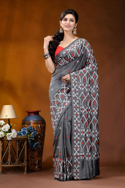 Hand embroidery slate grey silk kutch work saree with ethnic design gray saree intricate black red 6