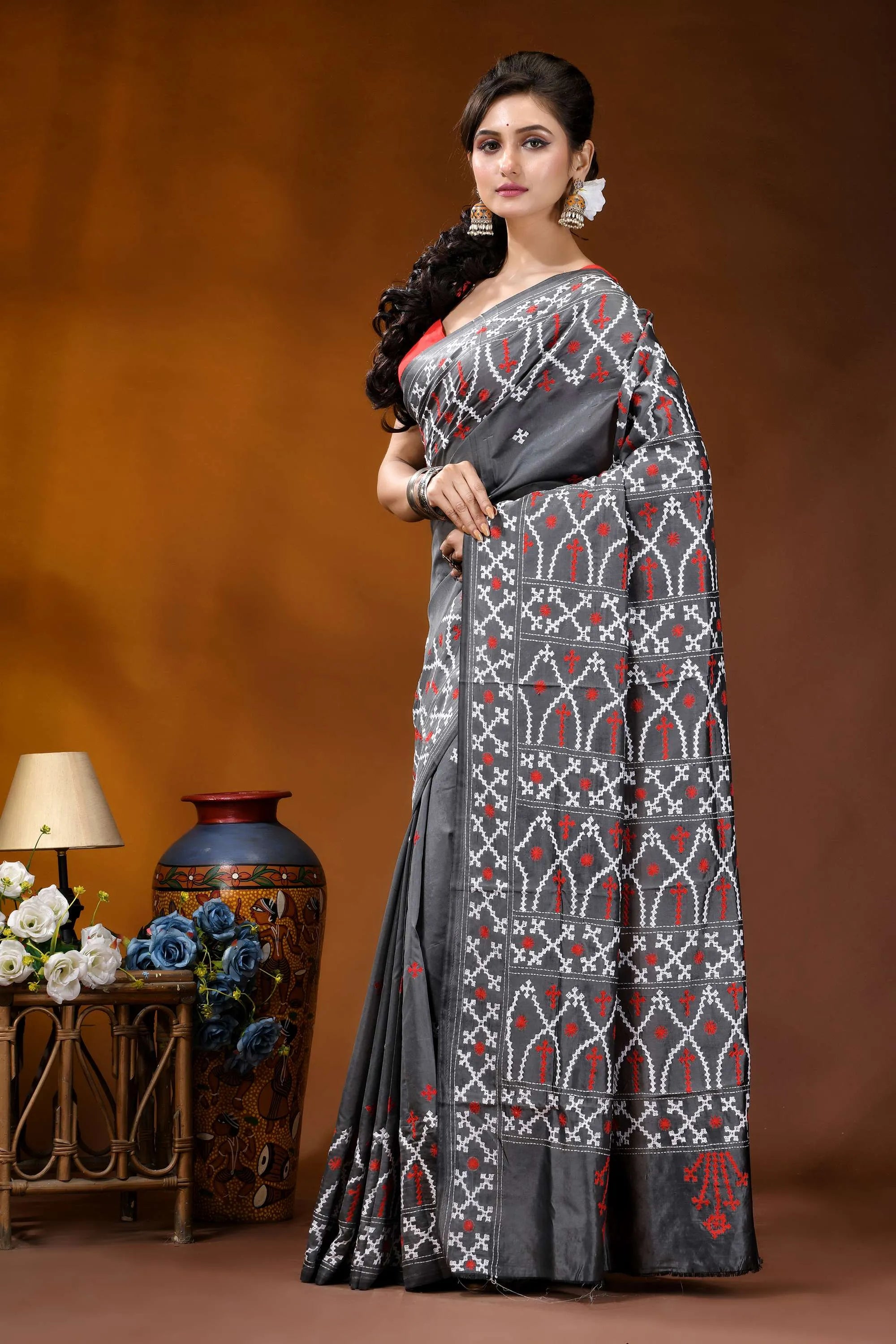 Hand embroidery slate grey silk kutch work saree with ethnic design dark gray saree intricate white 3