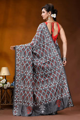 Hand embroidery slate grey silk kutch work saree with ethnic design dark gray saree intricate white 5