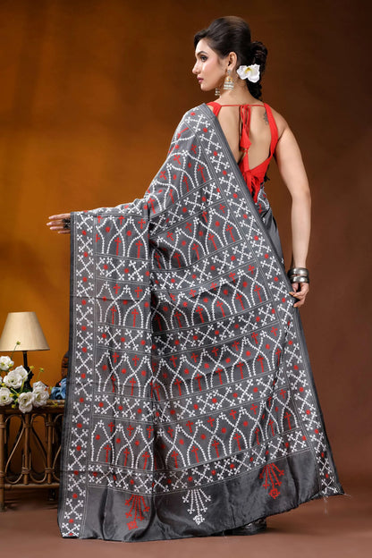 Hand embroidery slate grey silk kutch work saree with ethnic design dark gray saree intricate white 5