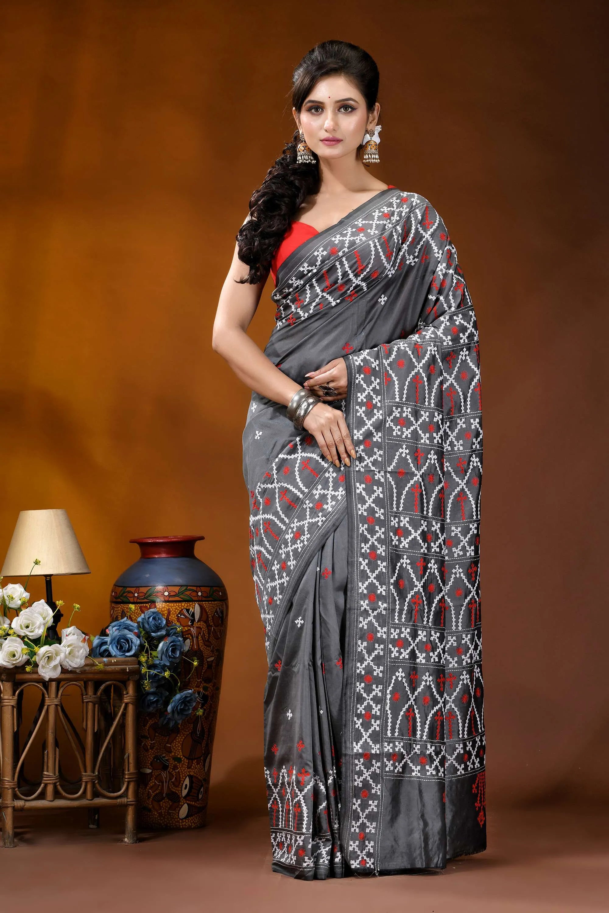 Hand embroidery slate grey silk kutch work saree with ethnic design gray silk saree intricate red 1