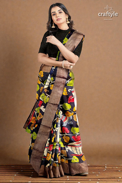 Ebony Black Hand-Painted Pure Tussar Kalamkari Saree with Zari Border