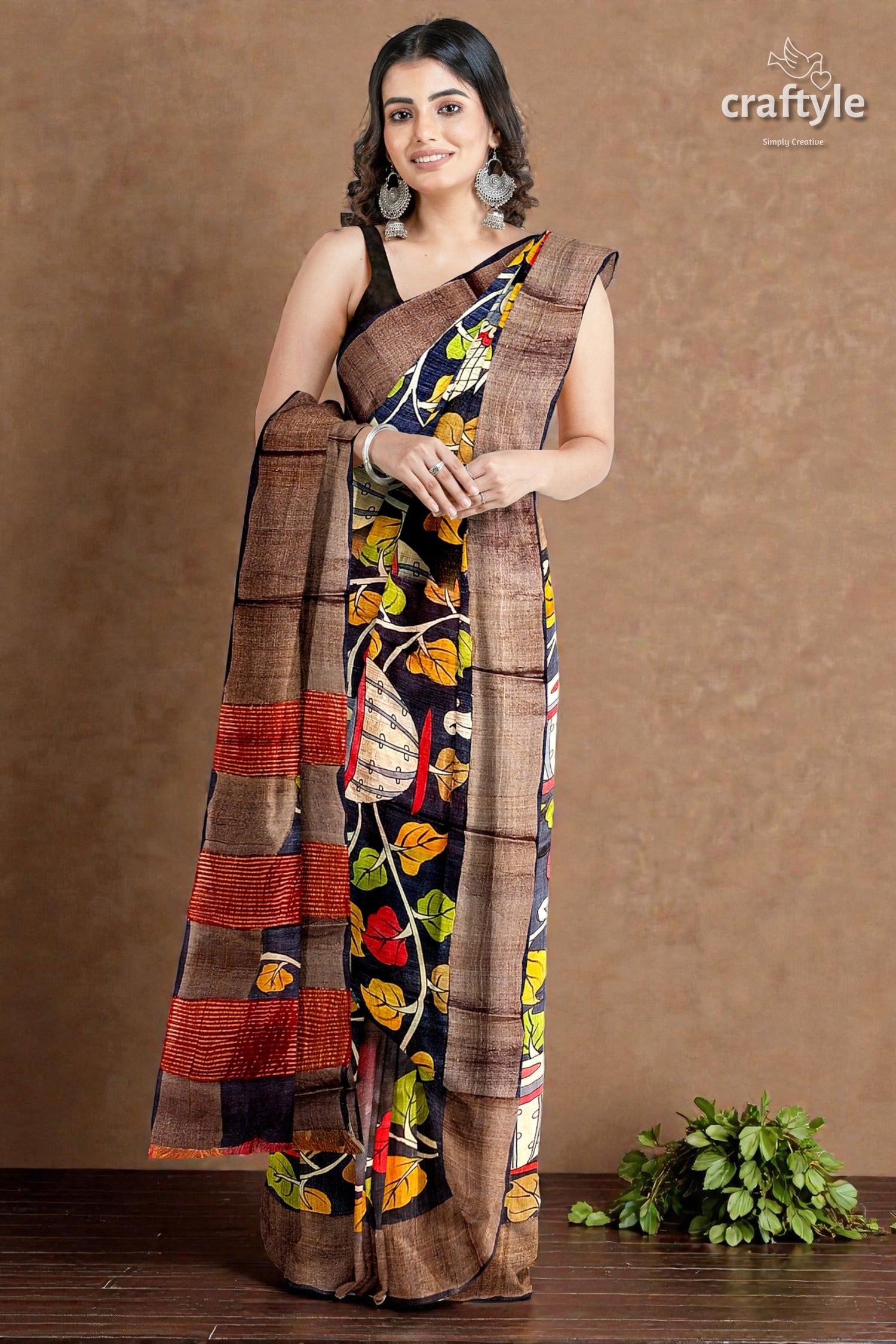 Ebony Black Hand-Painted Pure Tussar Kalamkari Saree with Zari Border