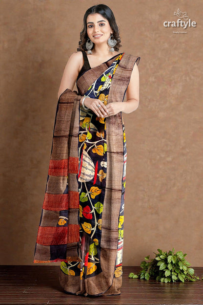 Ebony Black Hand-Painted Pure Tussar Kalamkari Saree with Zari Border