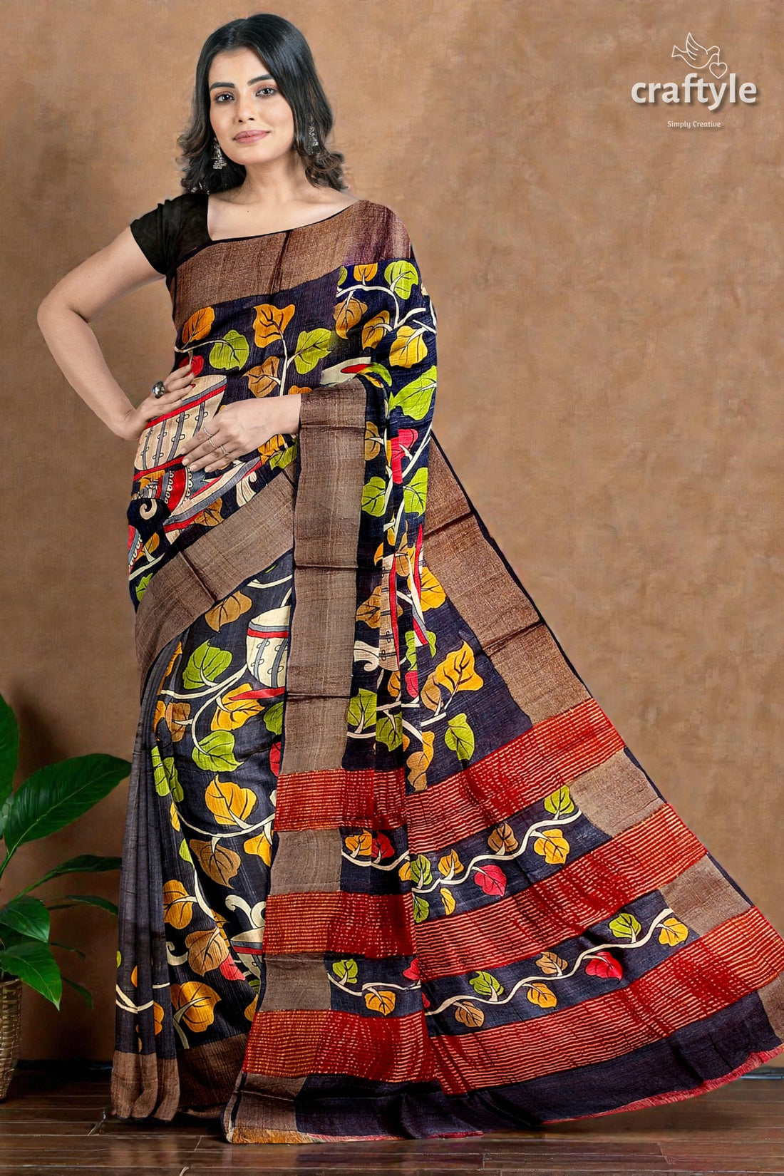 Ebony Black Hand-Painted Pure Tussar Kalamkari Saree with Zari Border