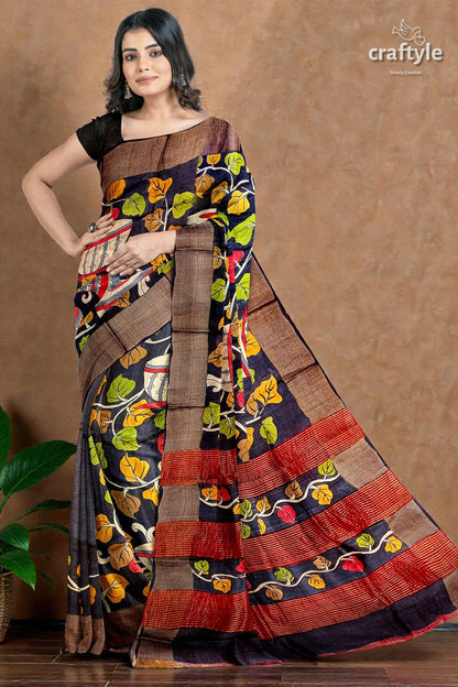 Ebony Black Hand-Painted Pure Tussar Kalamkari Saree with Zari Border