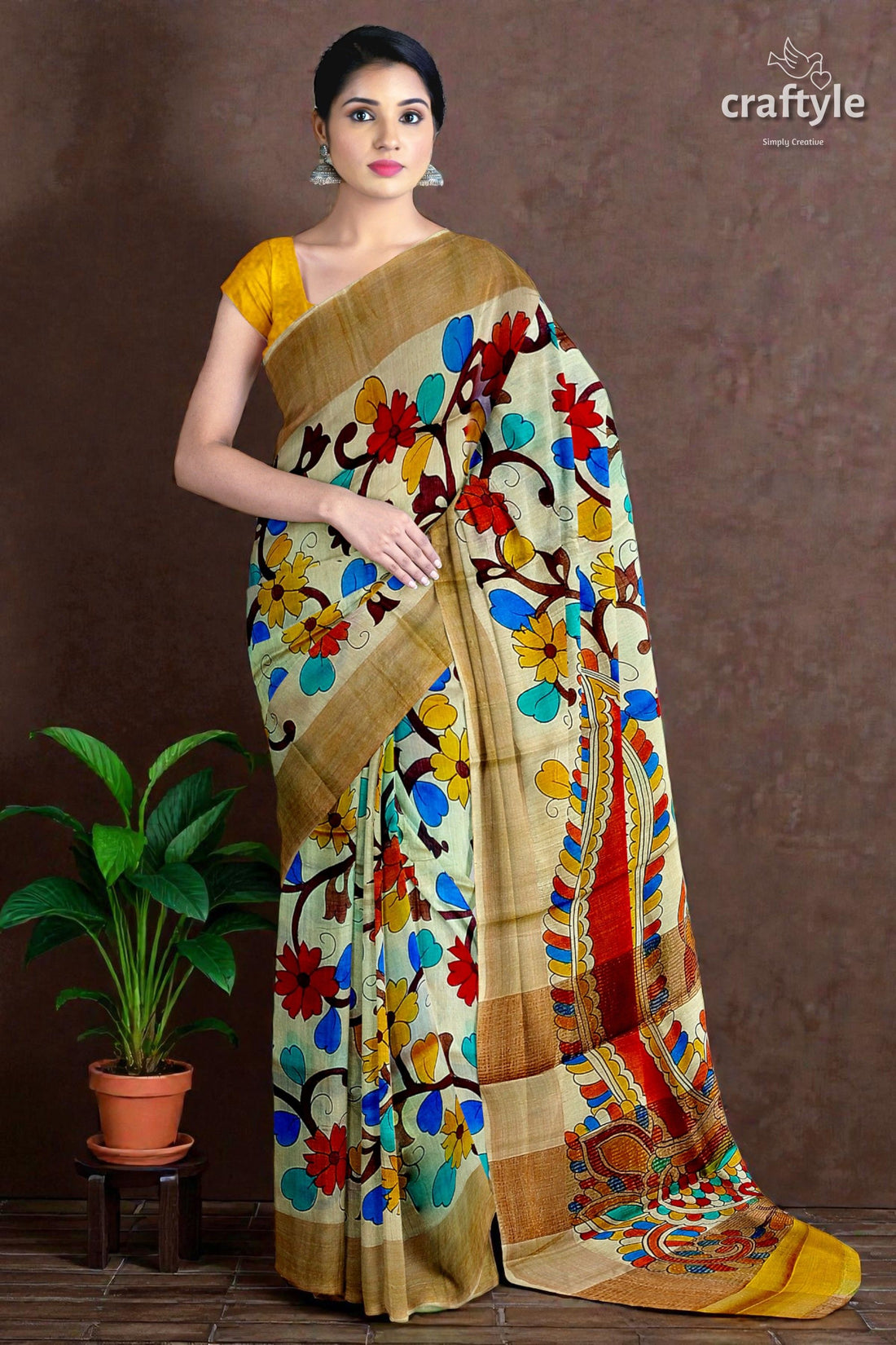 Hand Painted Pearl Bush Sari with Pure Tussar Kalamkari Designs - Zari Border