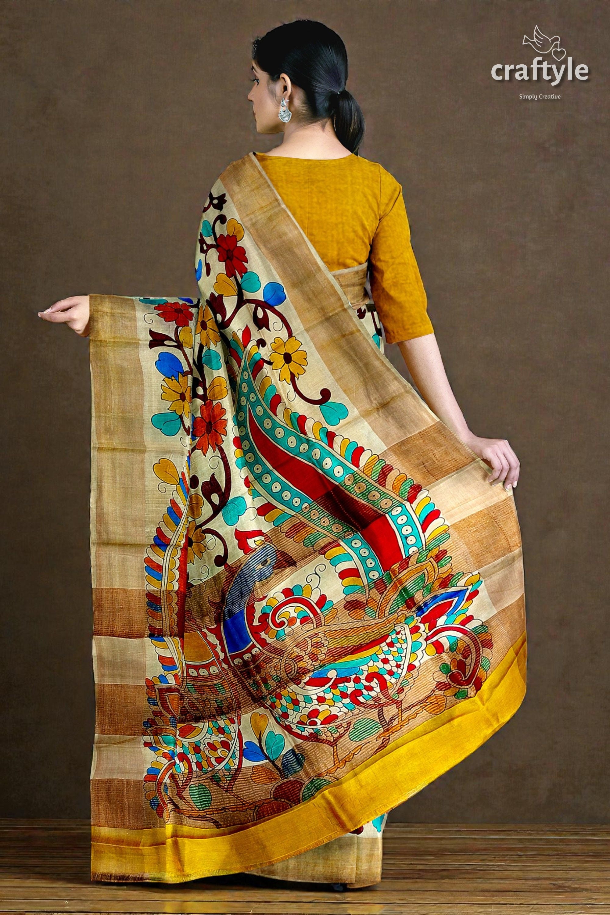 Hand Painted Pearl Bush Sari with Pure Tussar Kalamkari Designs - Zari Border