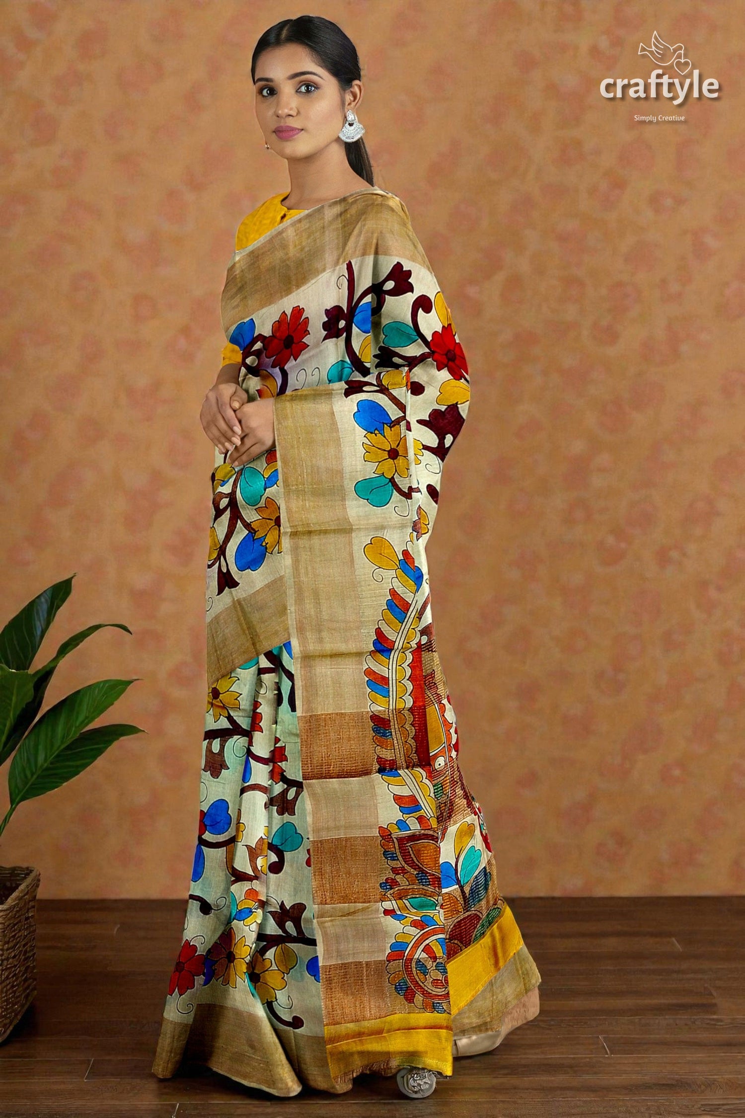 Hand Painted Pearl Bush Sari with Pure Tussar Kalamkari Designs - Zari Border