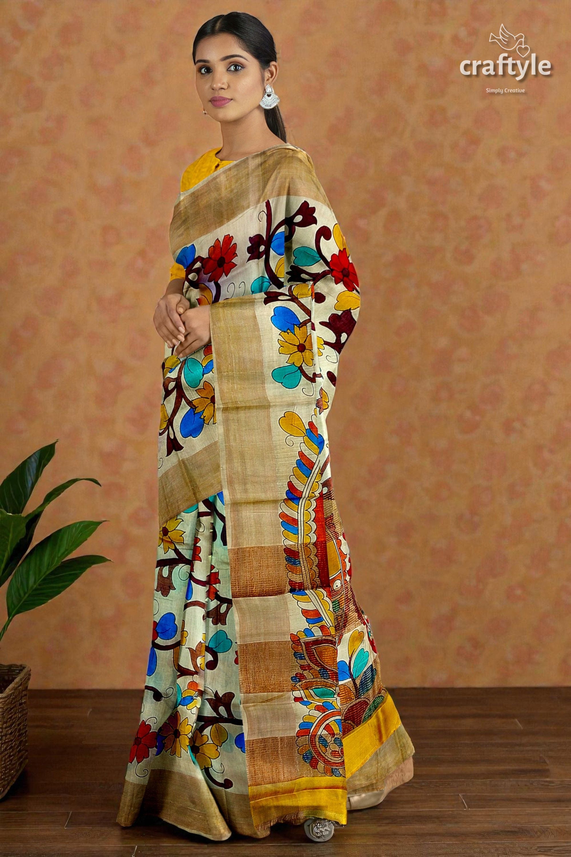 Hand Painted Pearl Bush Sari with Pure Tussar Kalamkari Designs - Zari Border