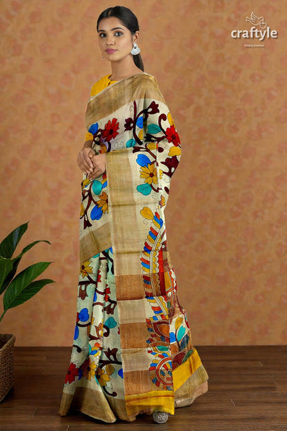 Hand Painted Pearl Bush Sari with Pure Tussar Kalamkari Designs - Zari Border
