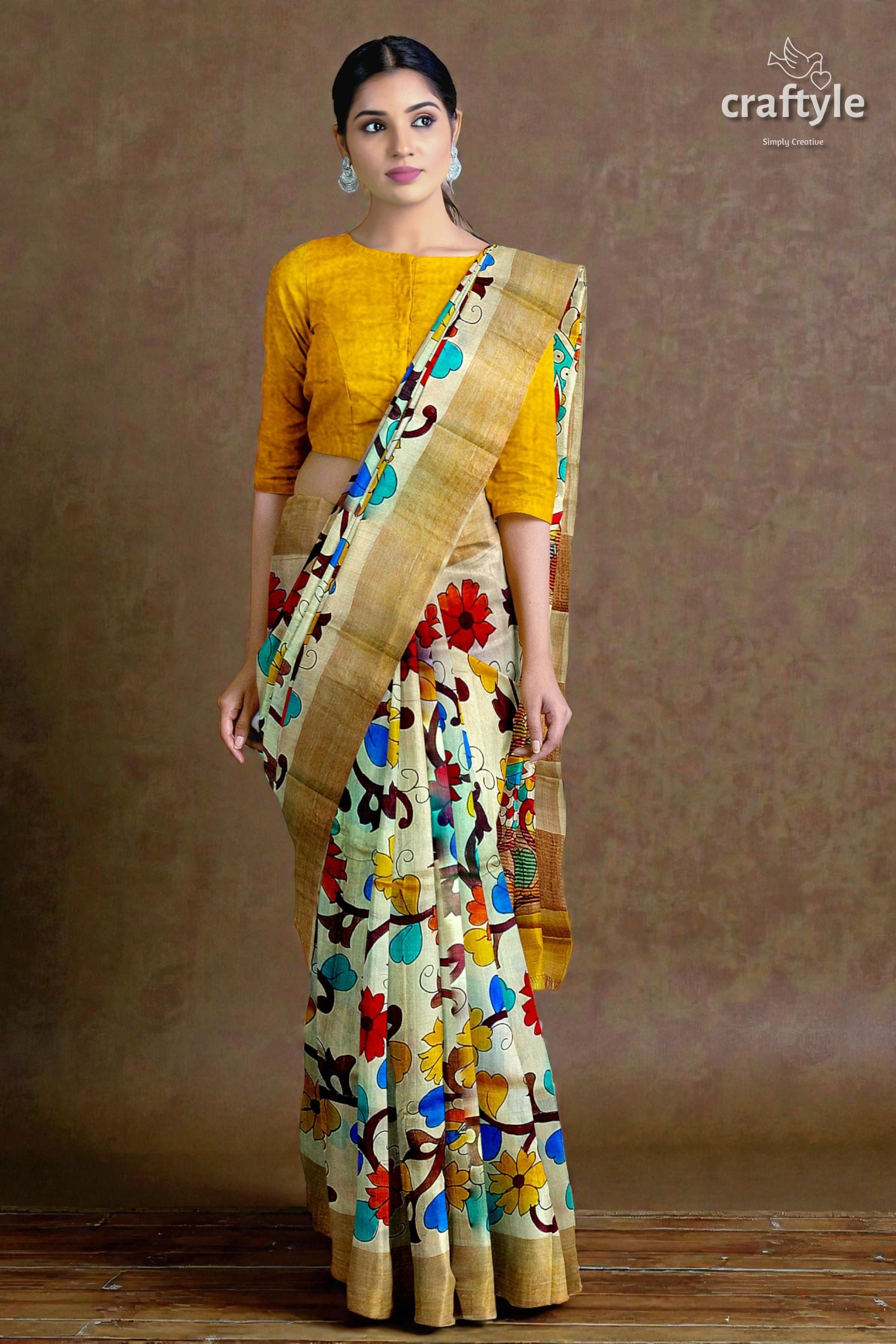 Hand Painted Pearl Bush Sari with Pure Tussar Kalamkari Designs - Zari Border