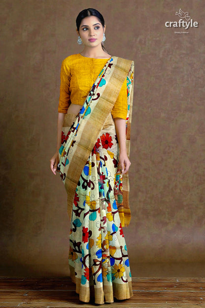 Hand Painted Pearl Bush Sari with Pure Tussar Kalamkari Designs - Zari Border