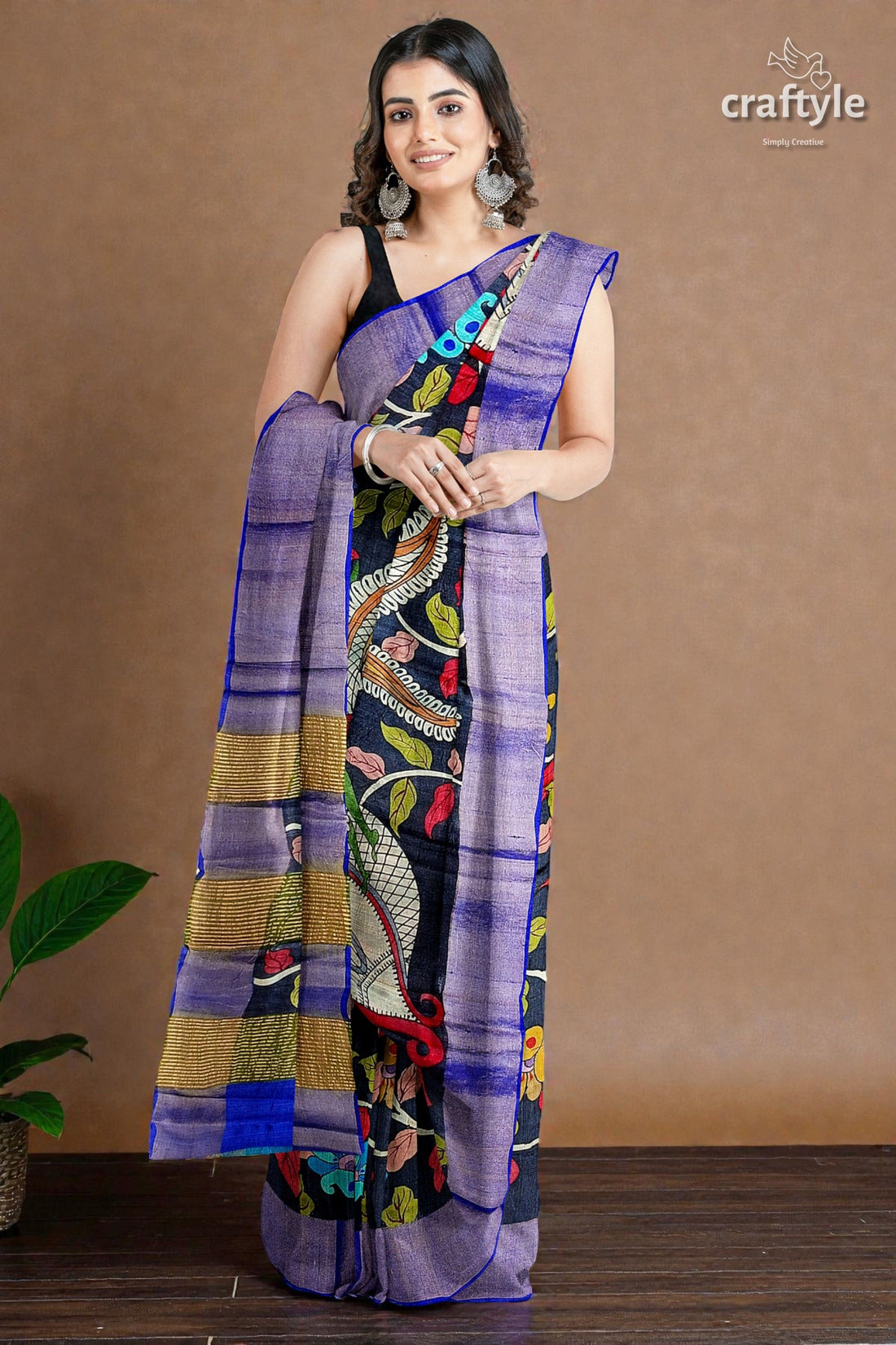 Ink Black Tussar Kalamkari Saree - Hand Painted Zari Border Pure Tussar Fabric