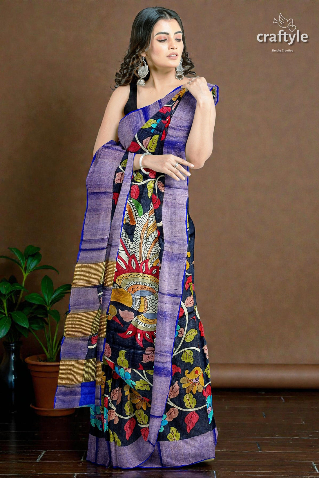 Ink Black Tussar Kalamkari Saree - Hand Painted Zari Border Pure Tussar Fabric