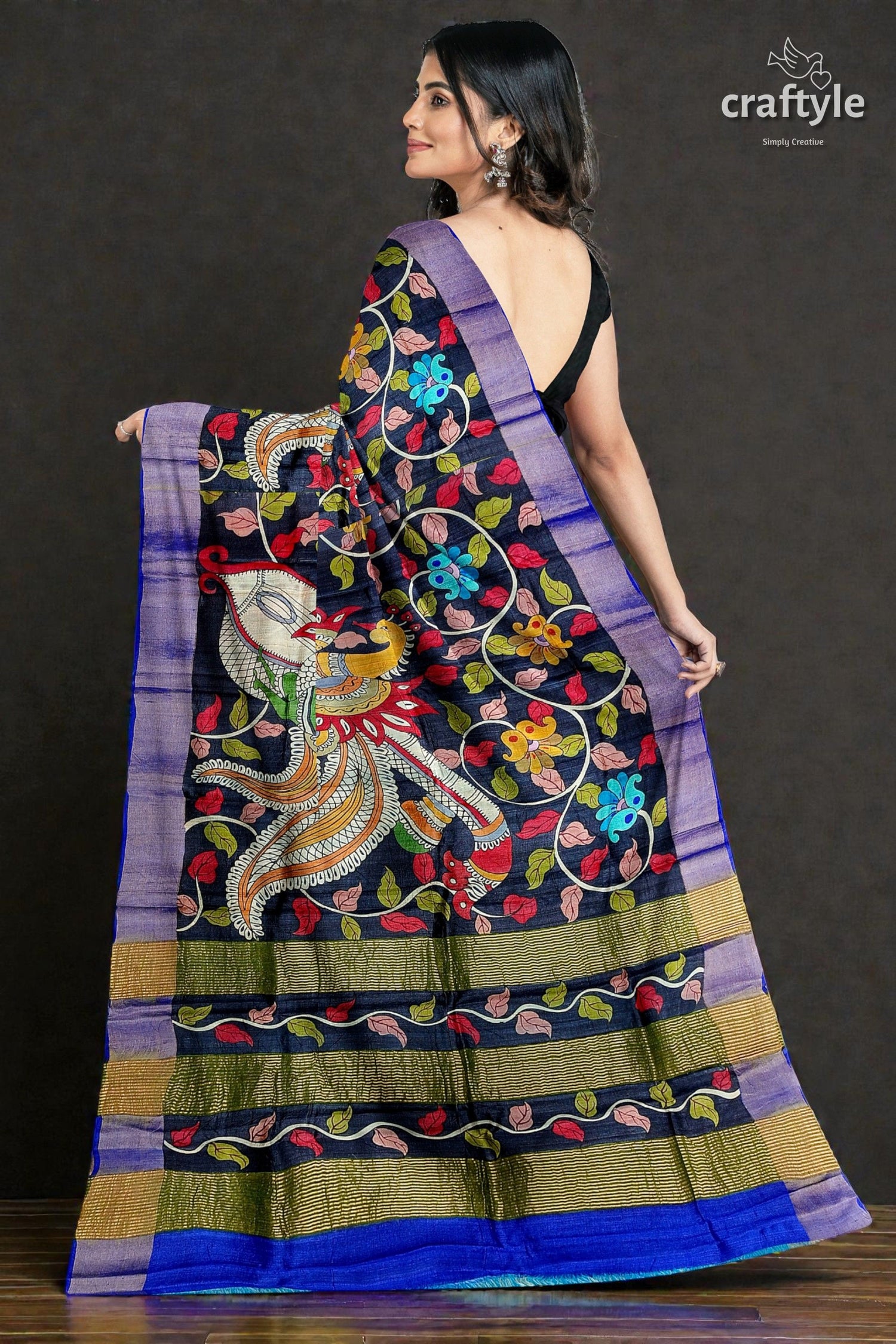 Ink Black Tussar Kalamkari Saree - Hand Painted Zari Border Pure Tussar Fabric