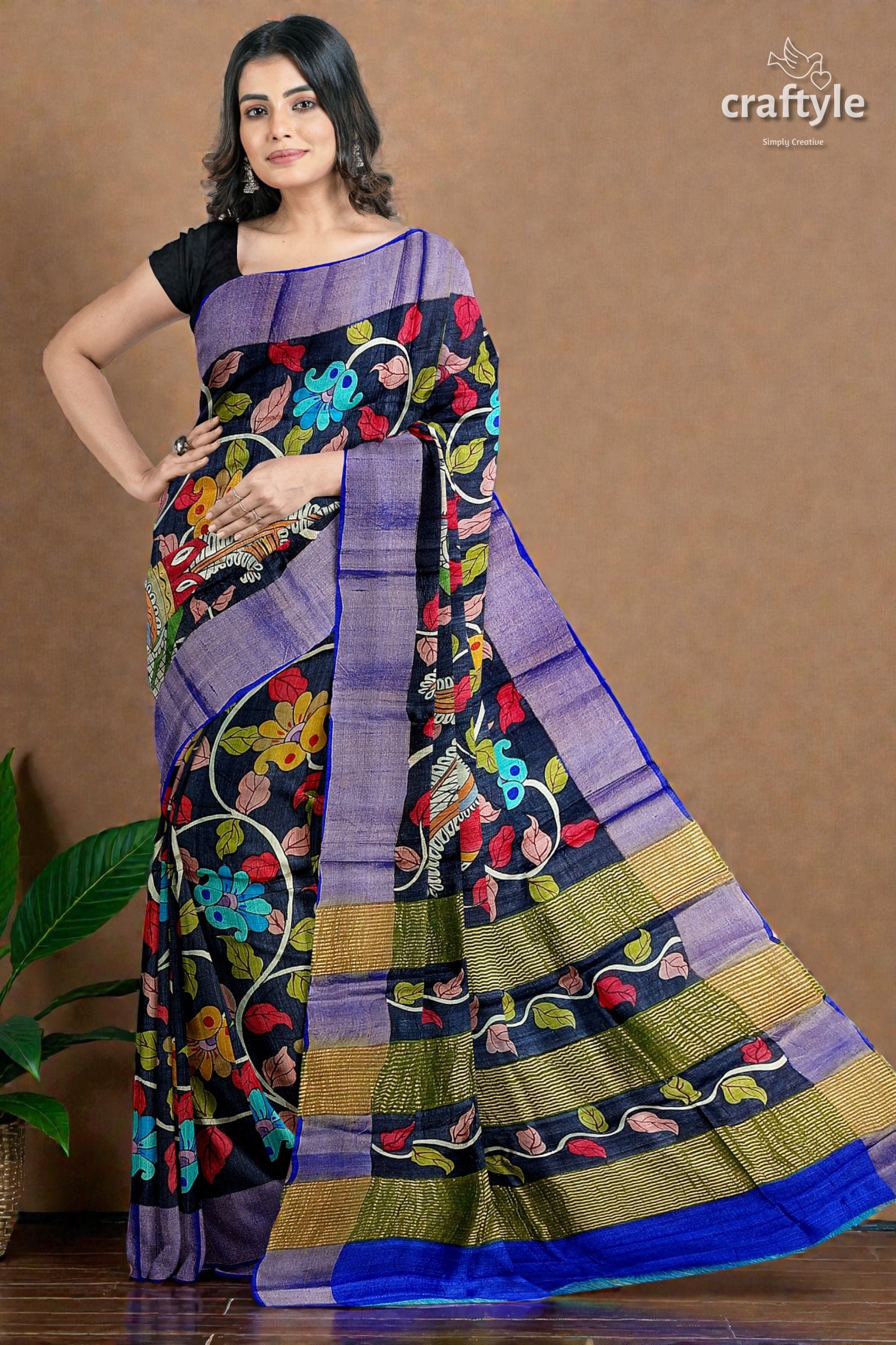 Ink Black Tussar Kalamkari Saree - Hand Painted Zari Border Pure Tussar Fabric