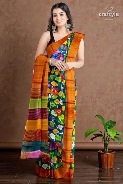 Floral and Bird Motif Pure Tussar Kalamkari Sari with Zari Border - Hand Painted