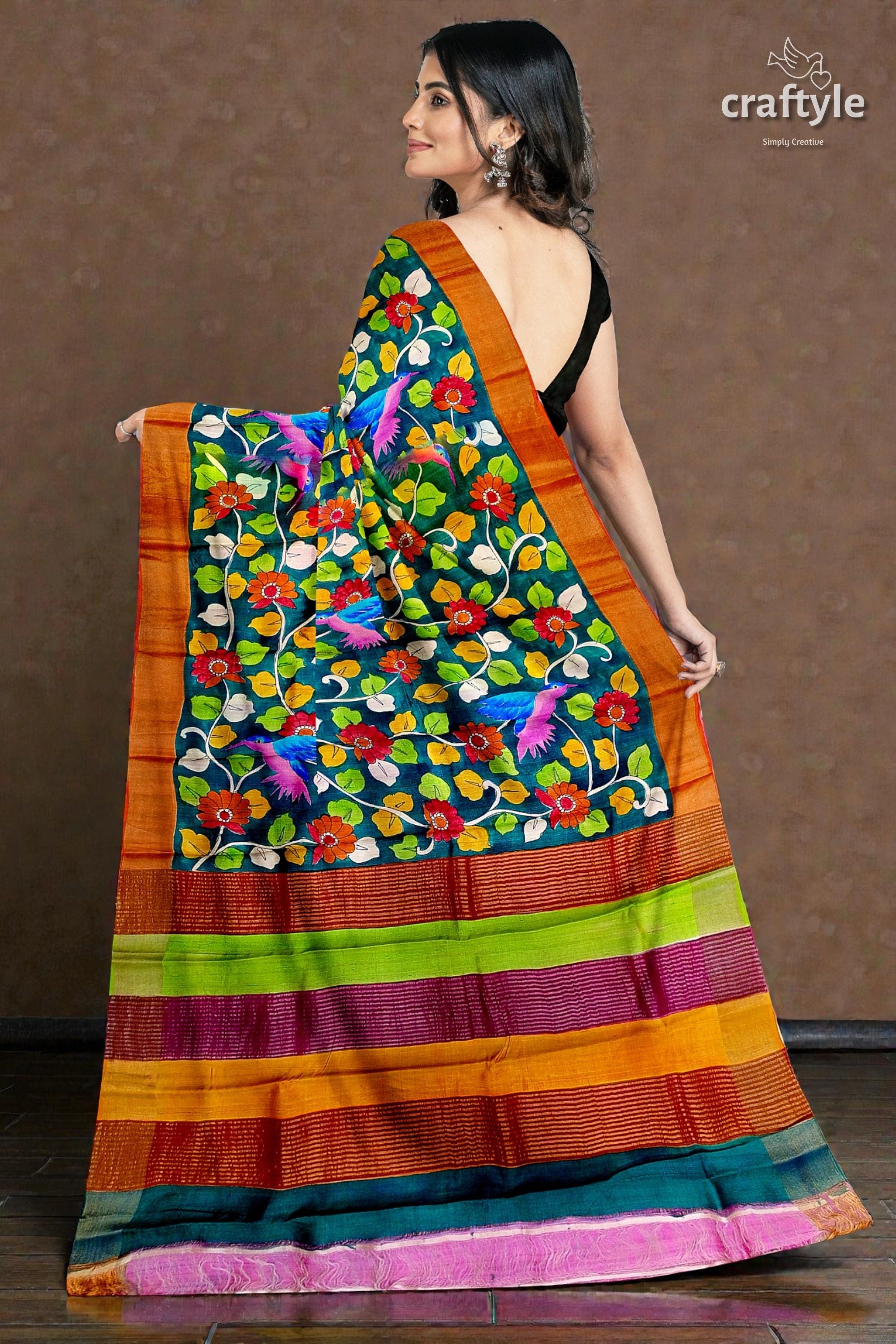 Floral and Bird Motif Pure Tussar Kalamkari Sari with Zari Border - Hand Painted
