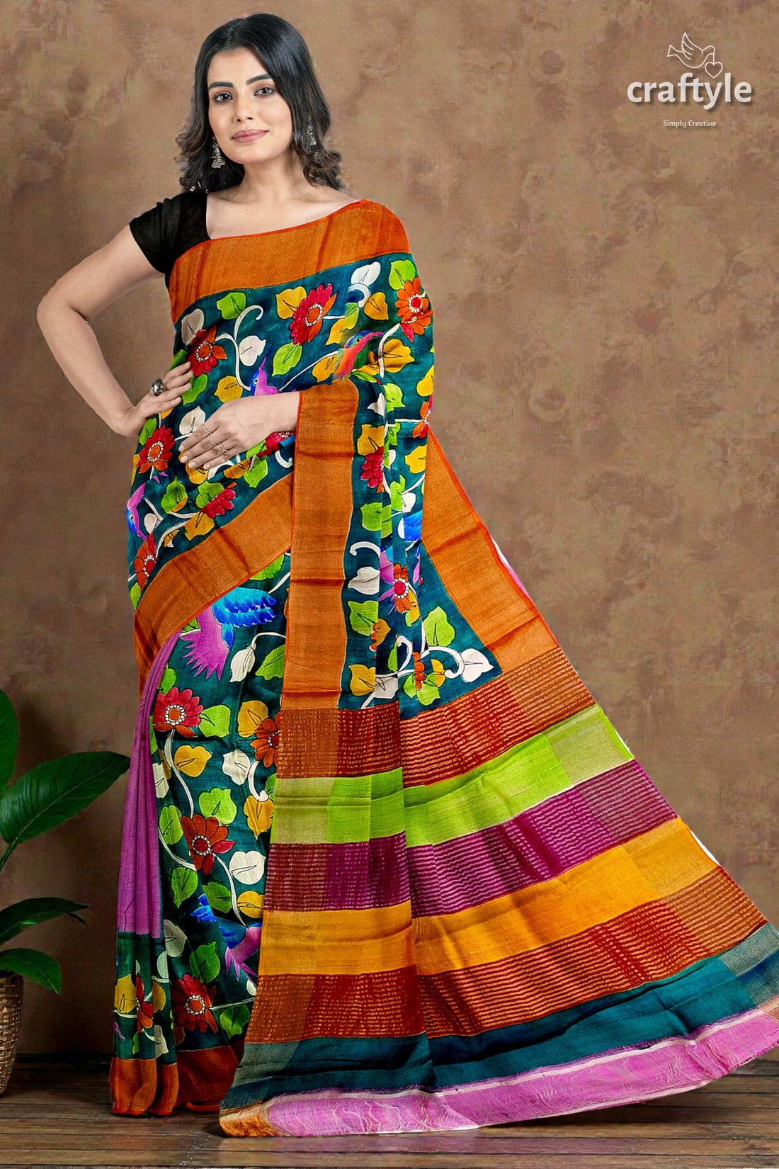 Floral and Bird Motif Pure Tussar Kalamkari Sari with Zari Border - Hand Painted