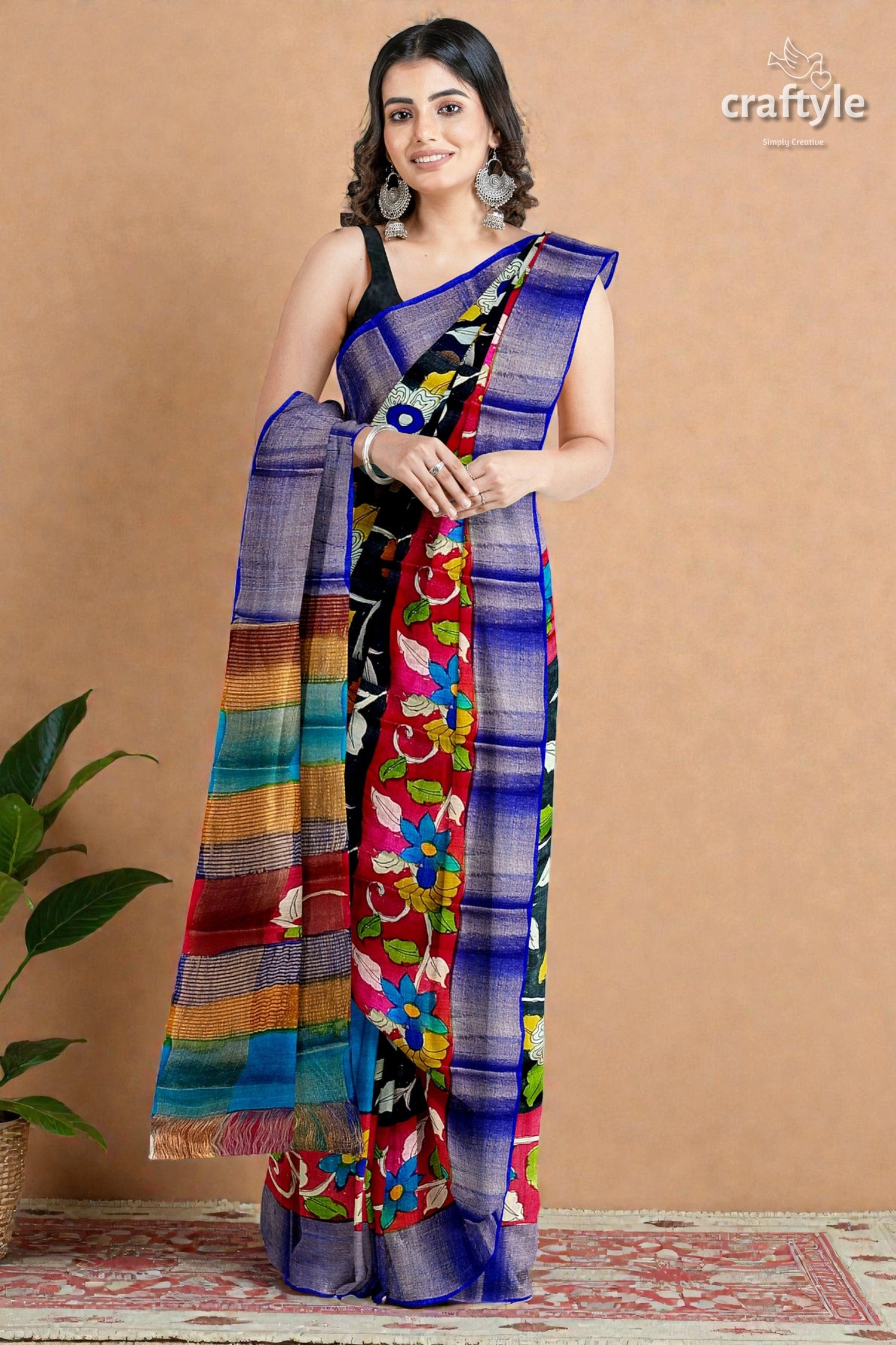 Black Dark Red Hand Painted Pure Tussar Kalamkari Sari with Zari Border