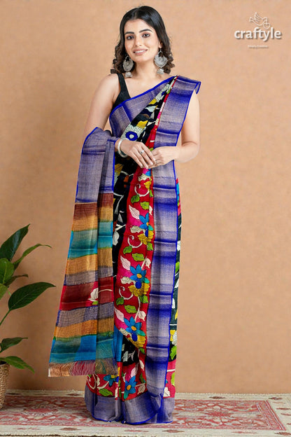 Black Dark Red Hand Painted Pure Tussar Kalamkari Sari with Zari Border