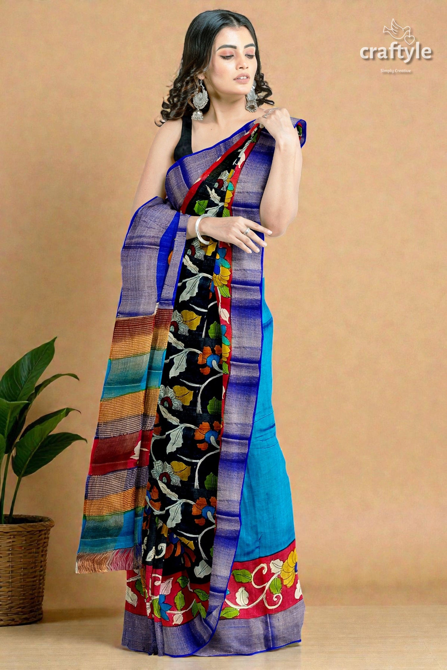 Black Dark Red Hand Painted Pure Tussar Kalamkari Sari with Zari Border