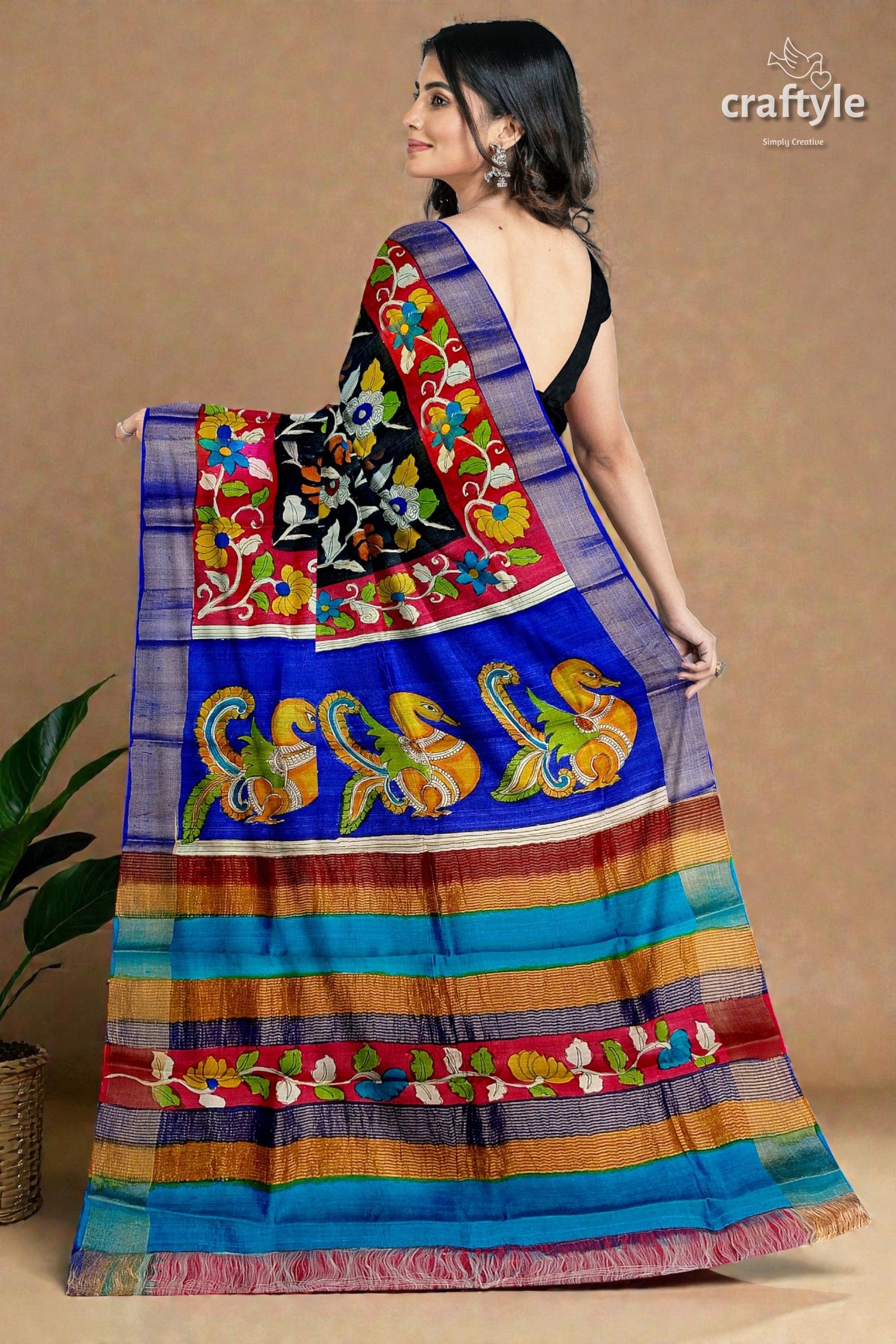 Black Dark Red Hand Painted Pure Tussar Kalamkari Sari with Zari Border