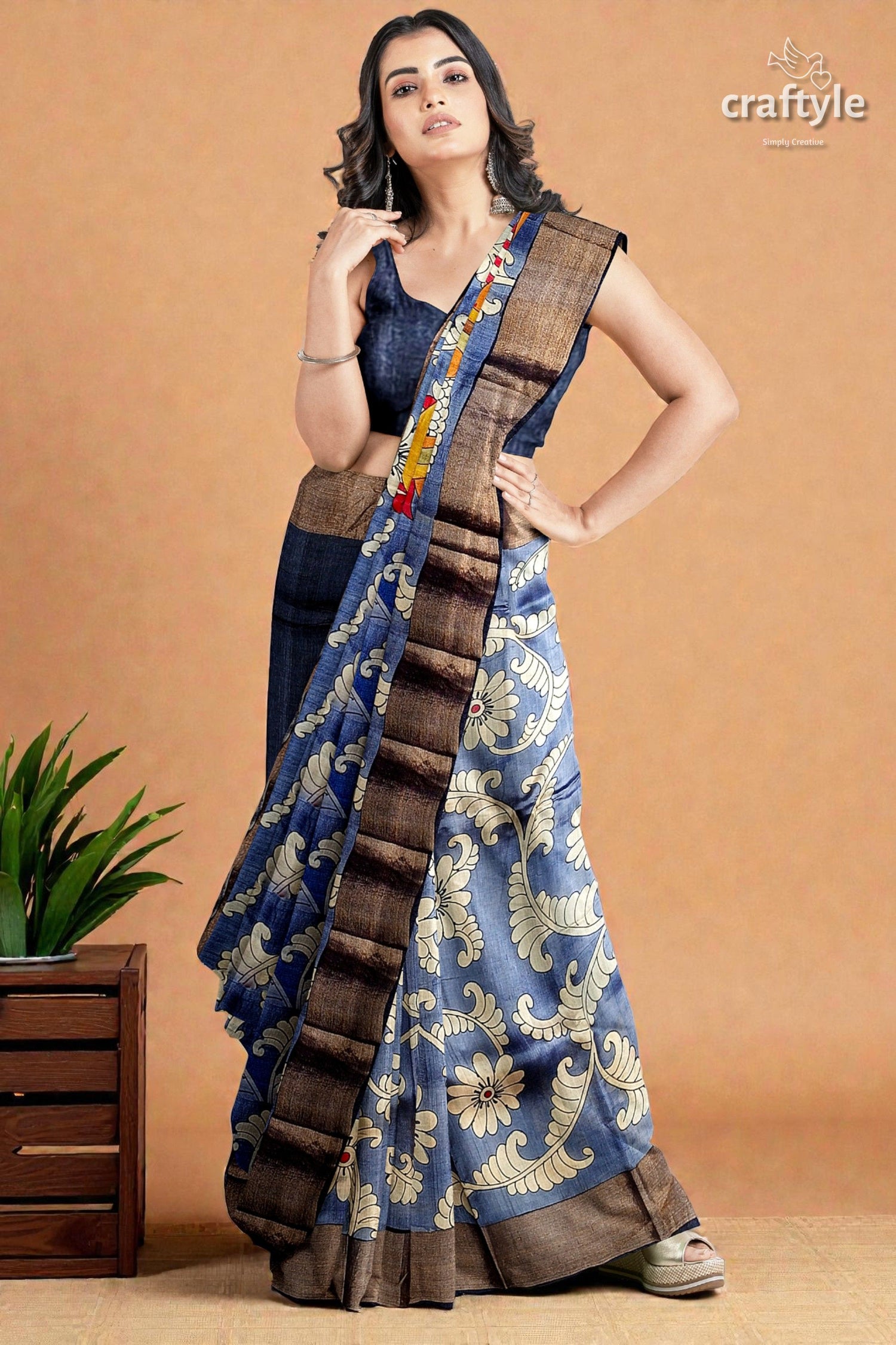 Hand Painted Zari Border Pure Tussar Kalamkari Saree - Deep Grey