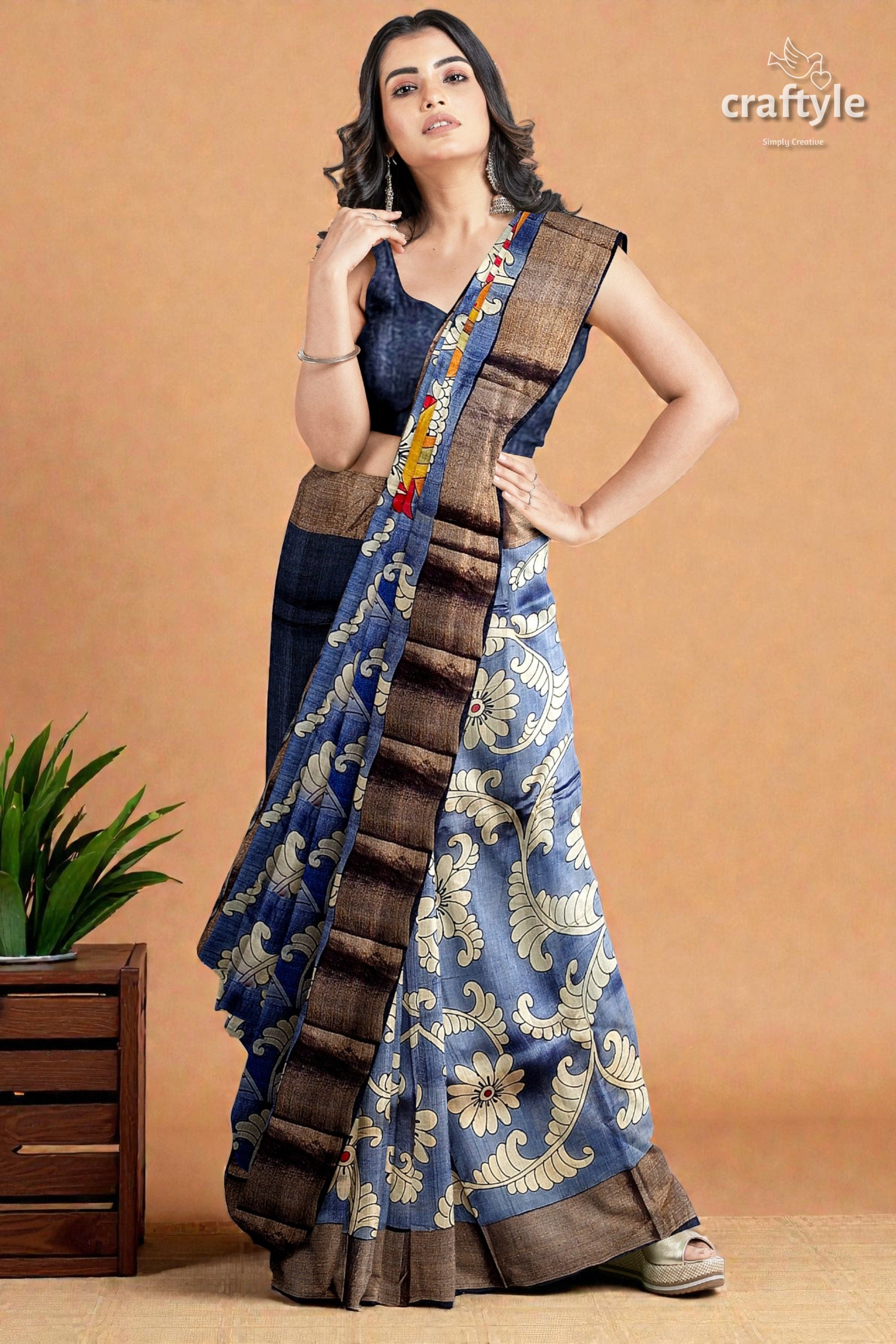 Hand Painted Zari Border Pure Tussar Kalamkari Saree - Deep Grey