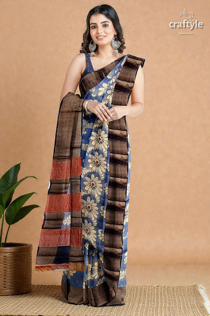 Hand Painted Zari Border Pure Tussar Kalamkari Saree - Deep Grey